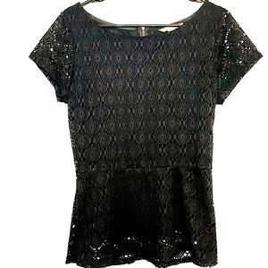 Banana Republic Black Lace Crochet Top | Gold Back Zip Detail | Size 8